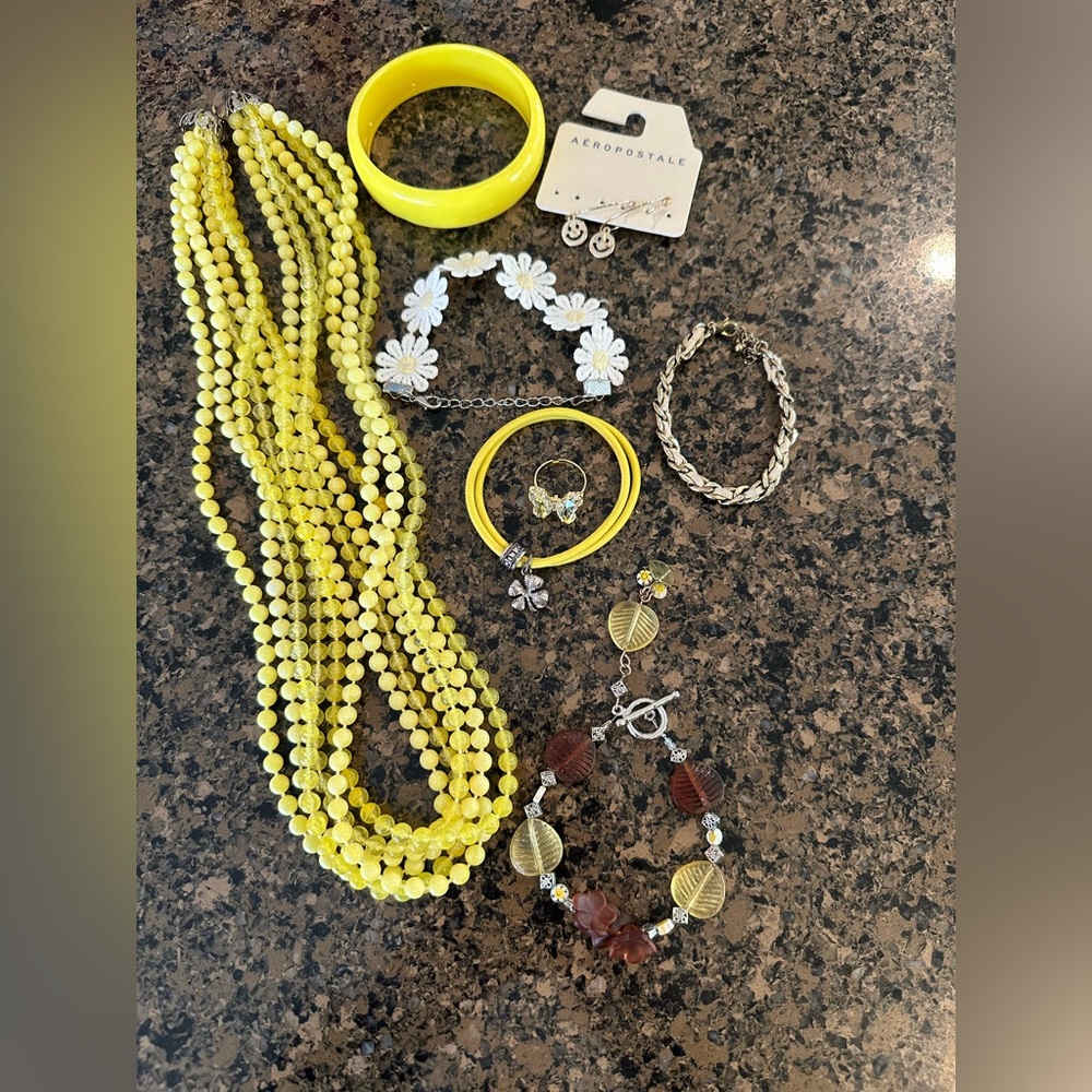 Lot of Yellow Jewelry including Aeropostale gold tone smiley face earrings